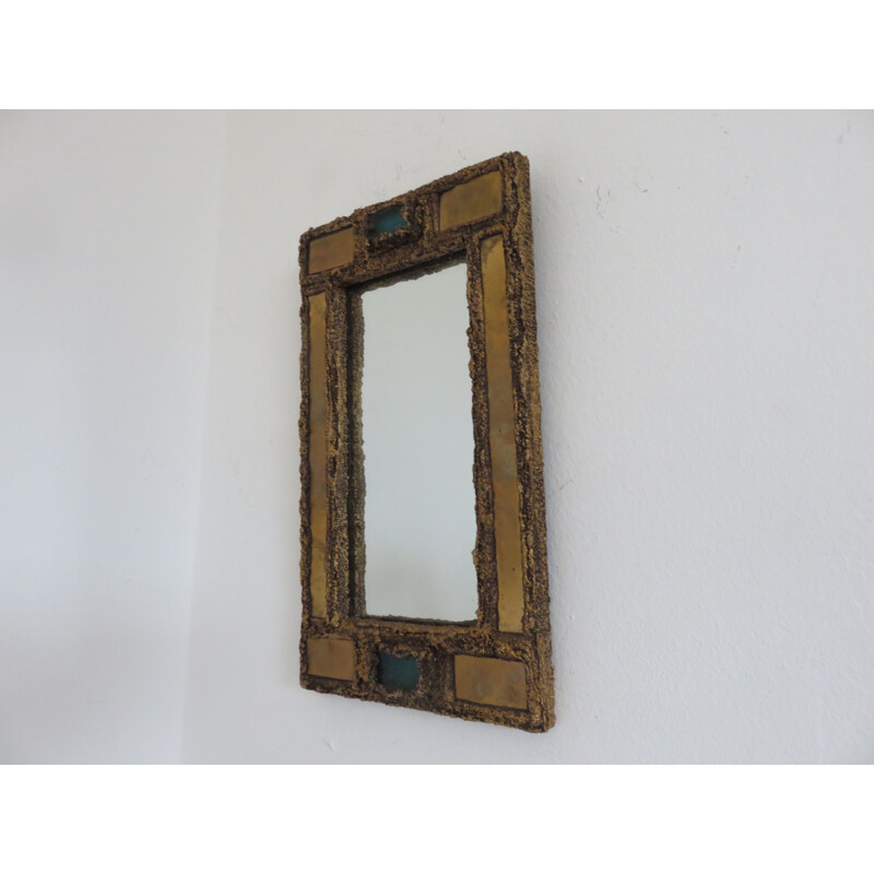 French vintage brutalist mirror in resin and brass 1960