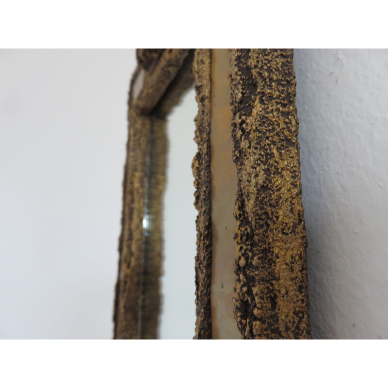 French vintage brutalist mirror in resin and brass 1960