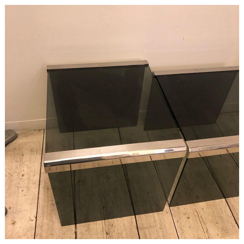 Set of 2 vintage italian steel and smoked glass tables 1980