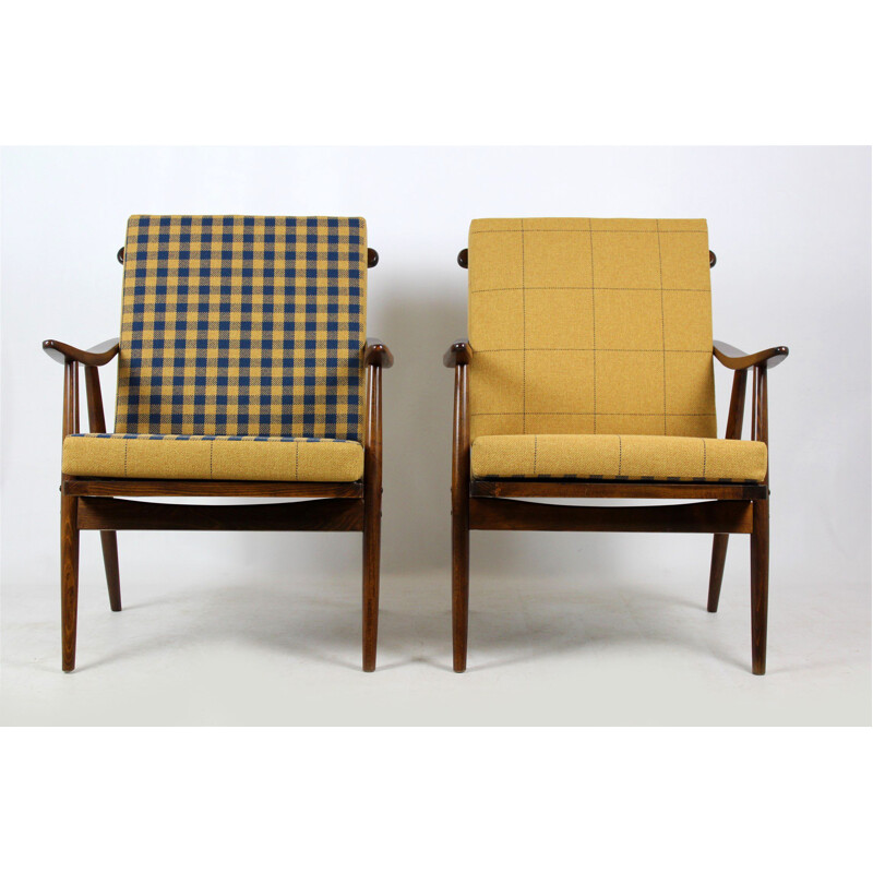 Set of 2 vintage Boomerang armchairs by TON in fabric and wood 1970