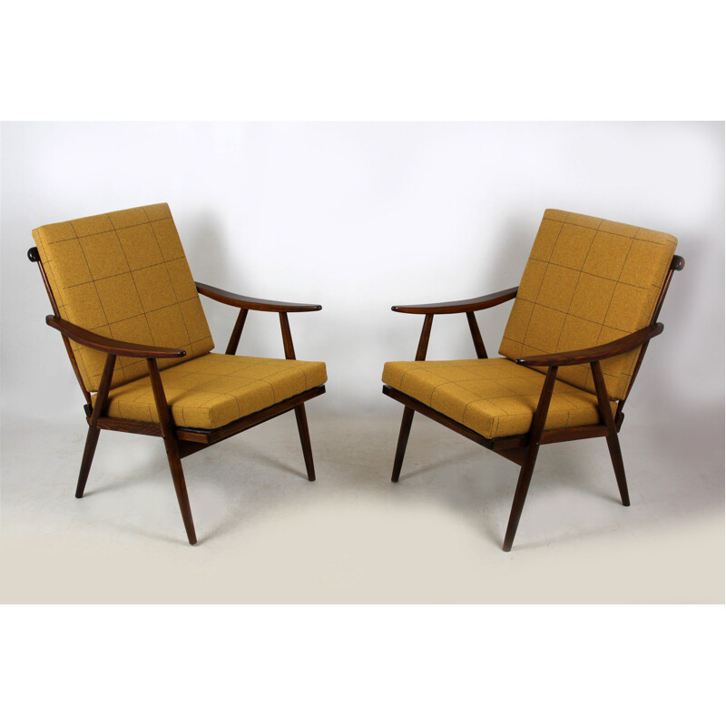 Set of 2 vintage Boomerang armchairs by TON in fabric and wood 1970