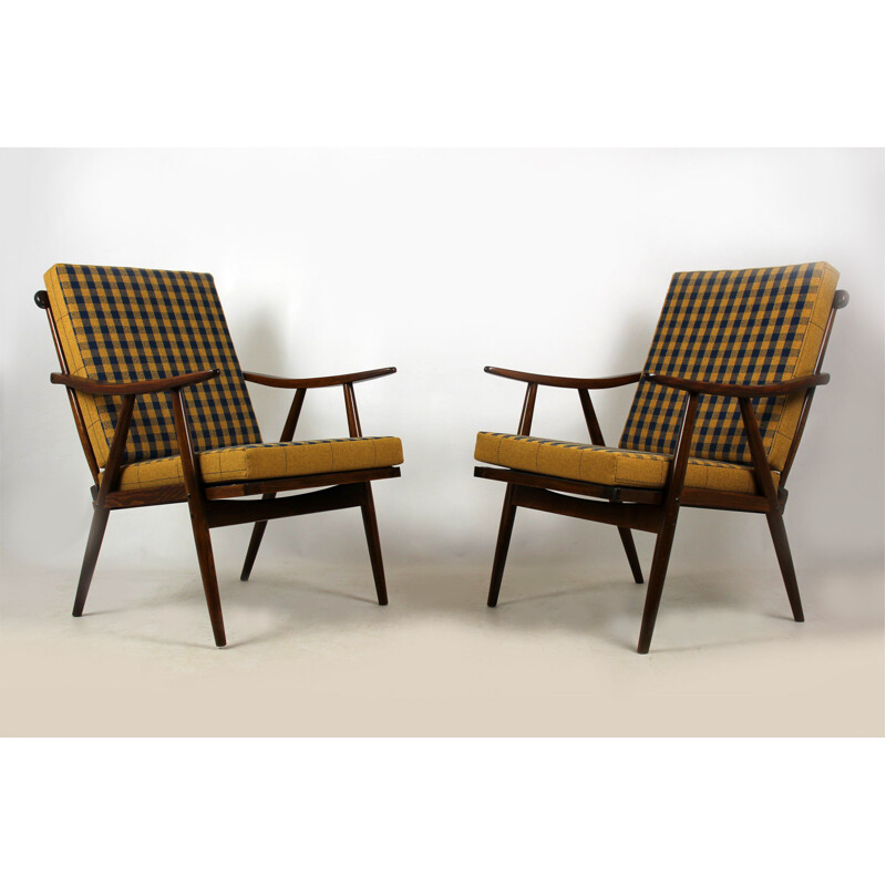 Set of 2 vintage Boomerang armchairs by TON in fabric and wood 1970