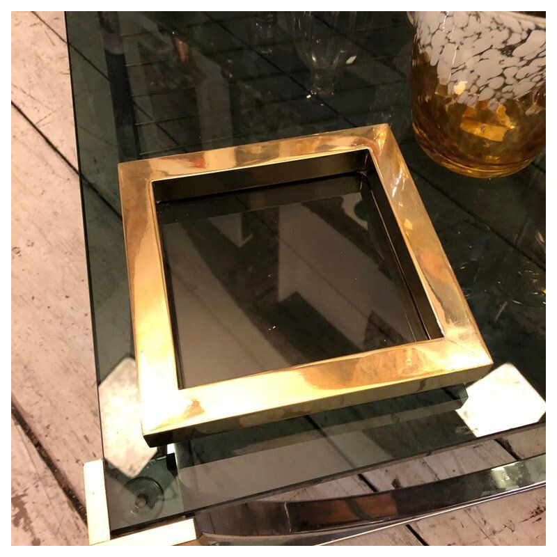 Vintage squared brass and smoked glass ashtray 1970