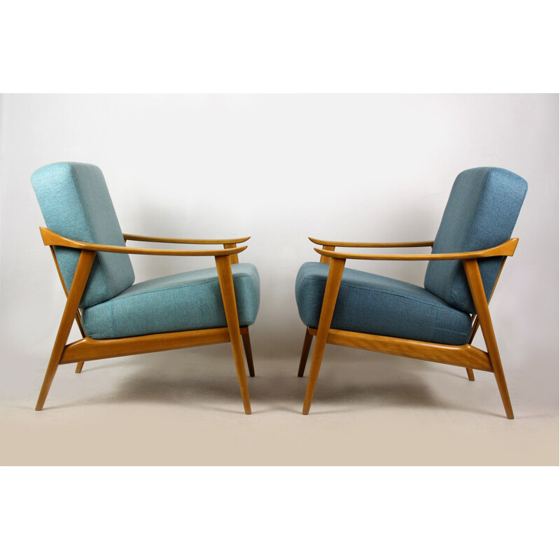 Set of 2 vintage blue scandinavian armchairs in beechwood 1960