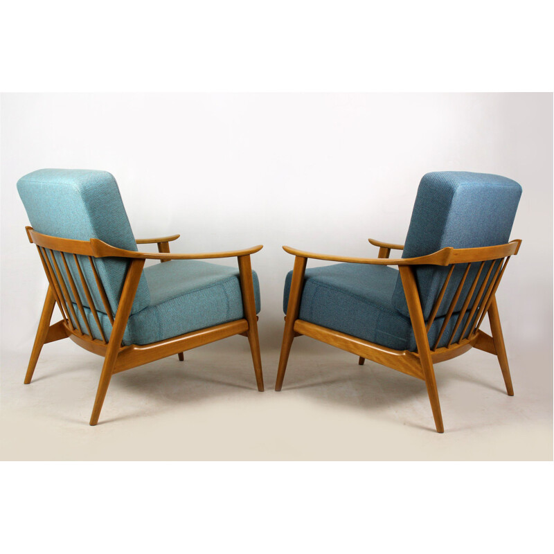 Set of 2 vintage blue scandinavian armchairs in beechwood 1960