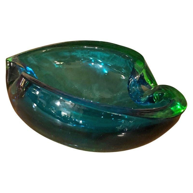 Vintage italian green and blue Murano glass ashtray by Seguso