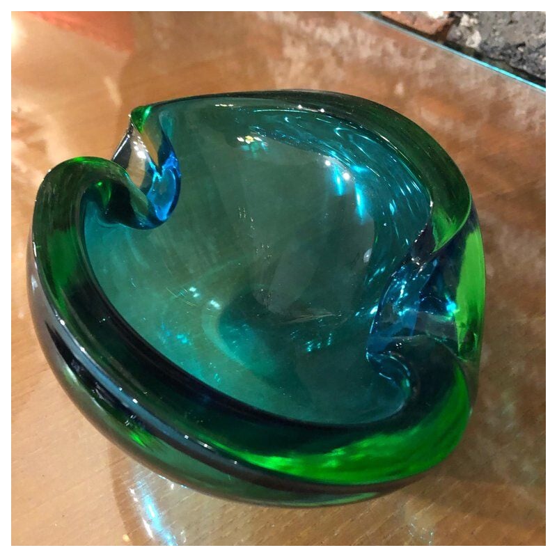 Vintage italian green and blue Murano glass ashtray by Seguso