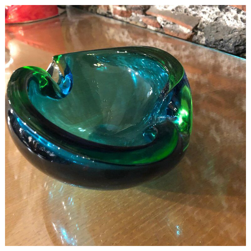 Vintage italian green and blue Murano glass ashtray by Seguso