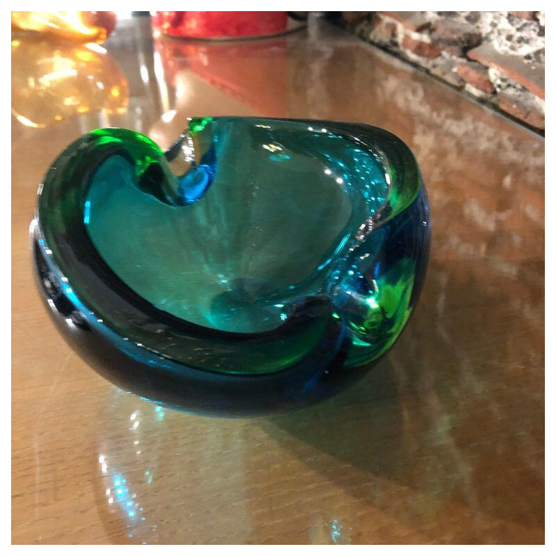 Vintage italian green and blue Murano glass ashtray by Seguso