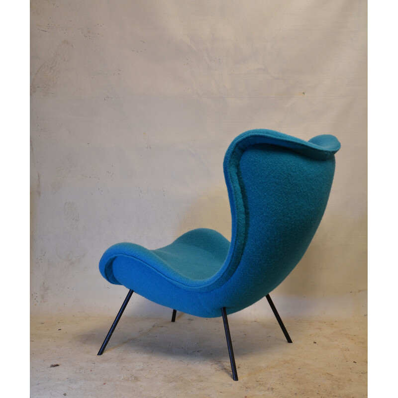 Fauteuil lounge Madame en laine bleue et métal, Fritz NETH - 1950