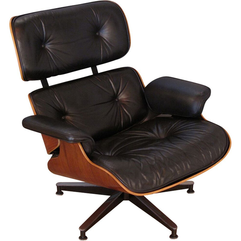 Vintage armchair in black leather and rosewood by Eames