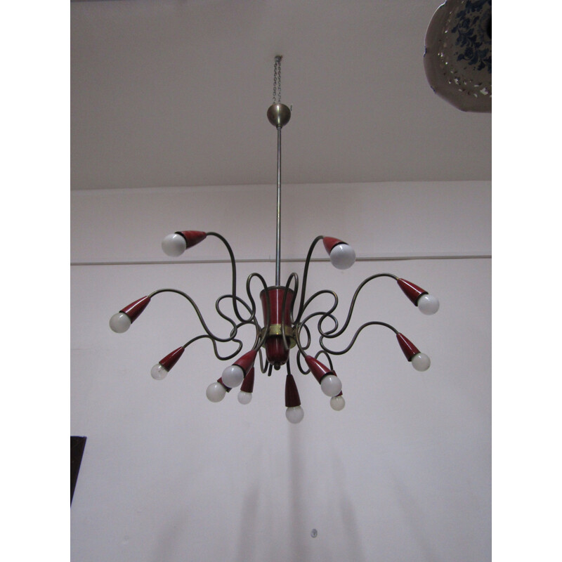 Red Sputnik chandelier in brass