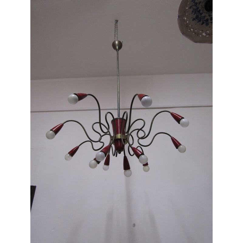 Red Sputnik chandelier in brass