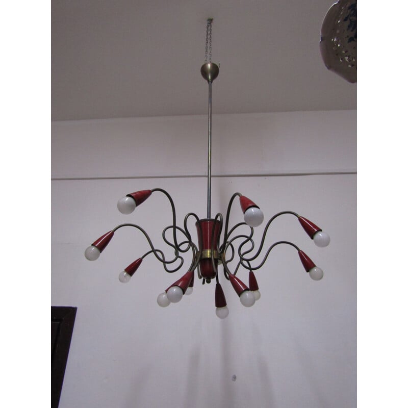 Red Sputnik chandelier in brass