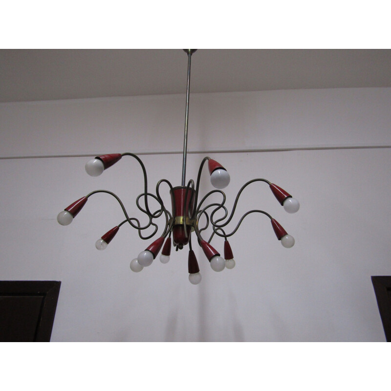 Red Sputnik chandelier in brass