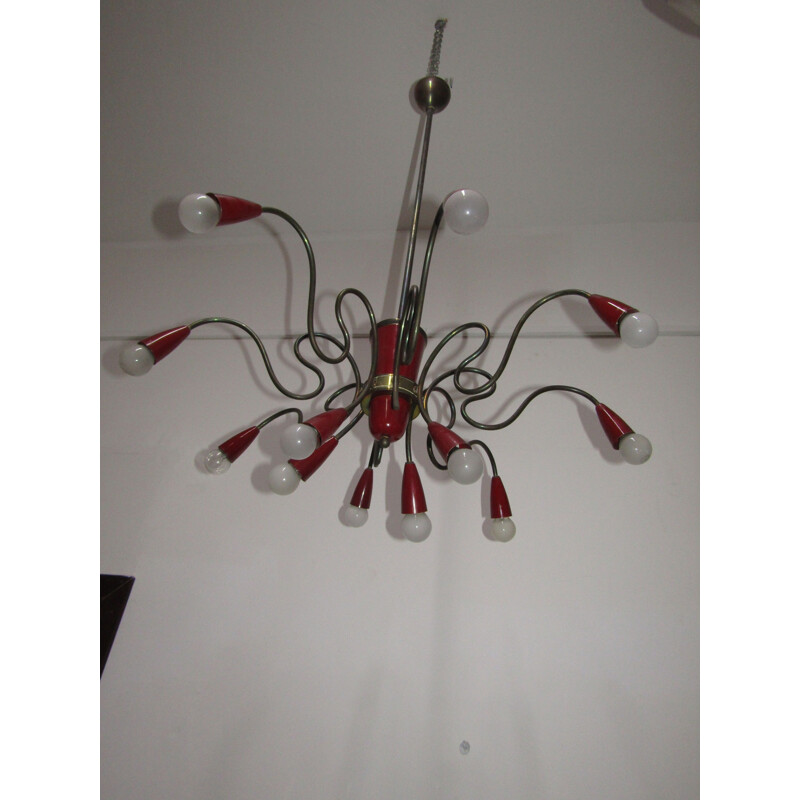 Red Sputnik chandelier in brass