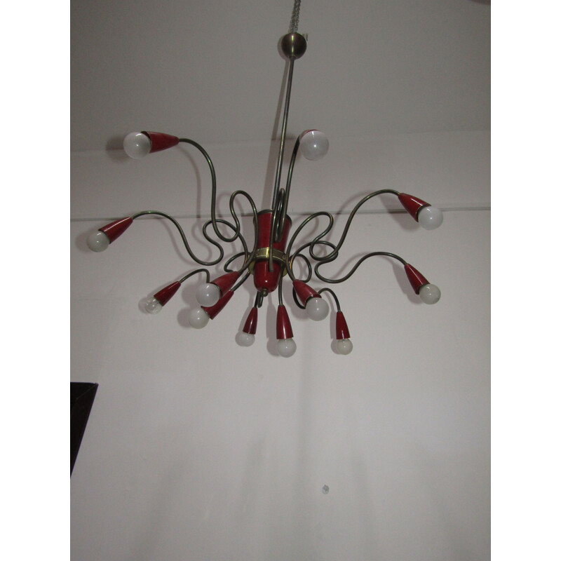 Red Sputnik chandelier in brass