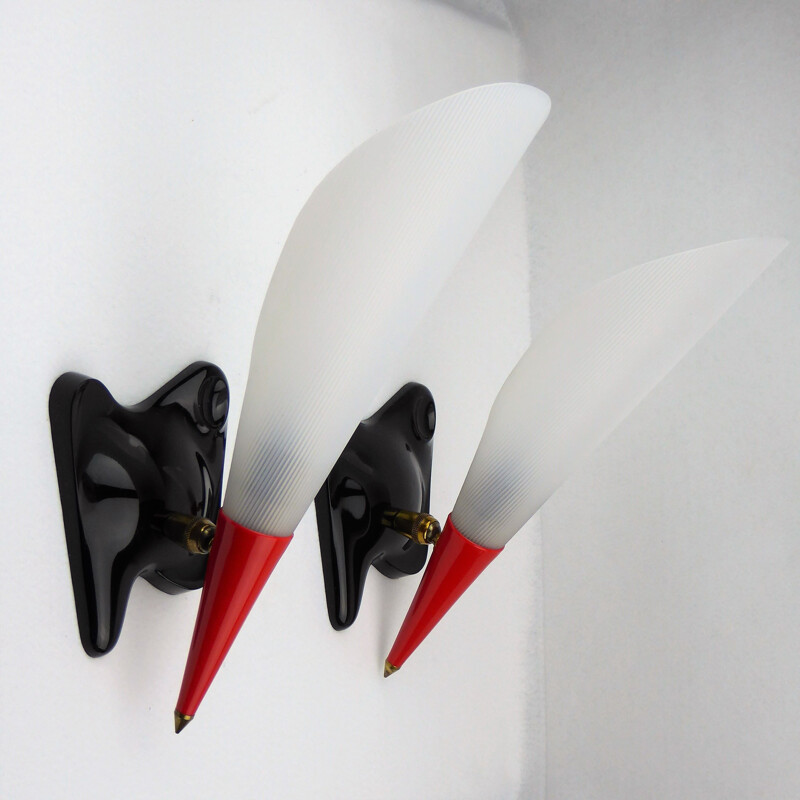 Set of 2 vintage wall lamps in red and black perspex