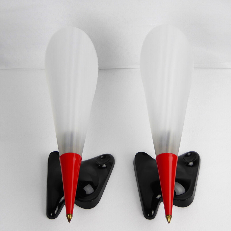 Set of 2 vintage wall lamps in red and black perspex