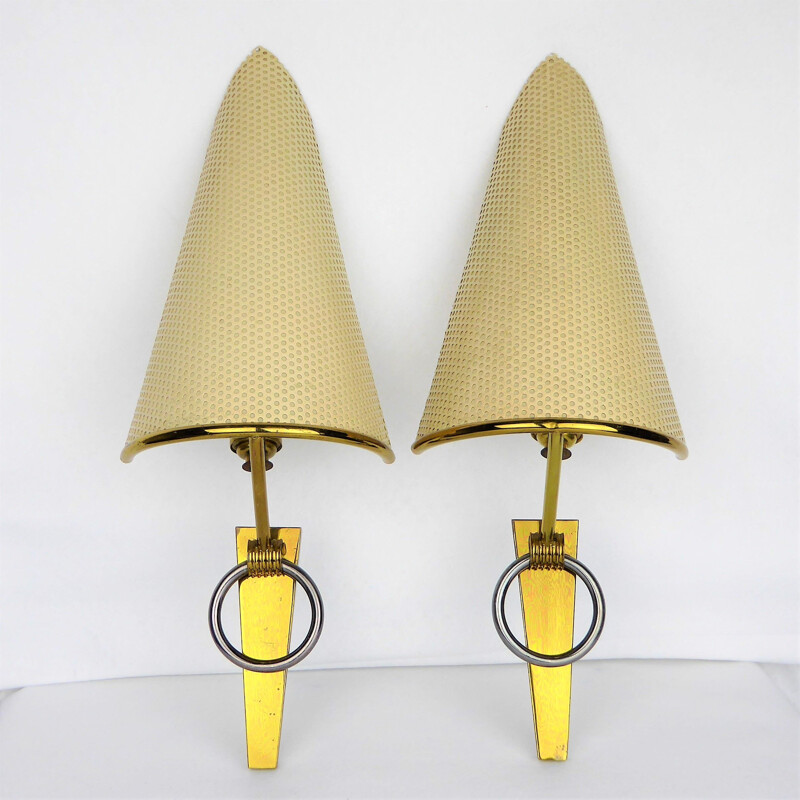 Pair of vintage brass and metal wall lamps, France 1950