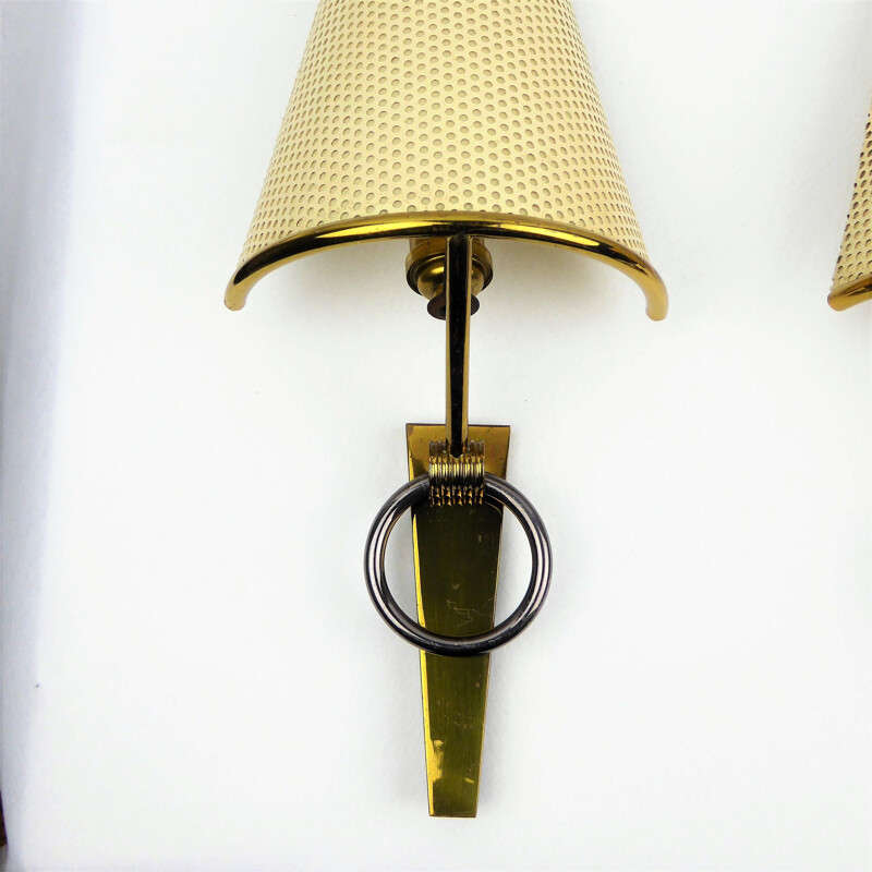 Pair of vintage brass and metal wall lamps, France 1950