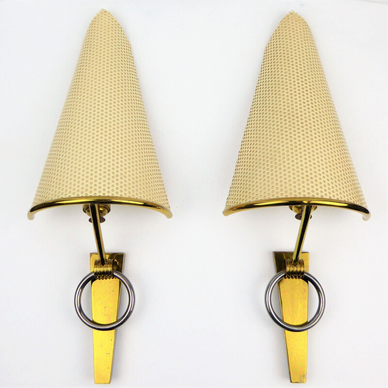 Pair of vintage brass and metal wall lamps, France 1950