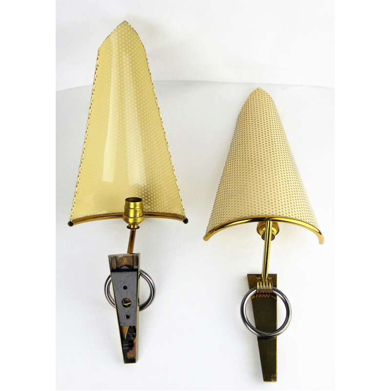 Pair of vintage brass and metal wall lamps, France 1950