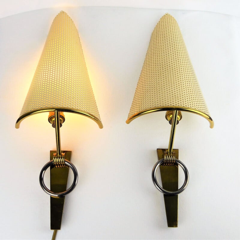 Pair of vintage brass and metal wall lamps, France 1950