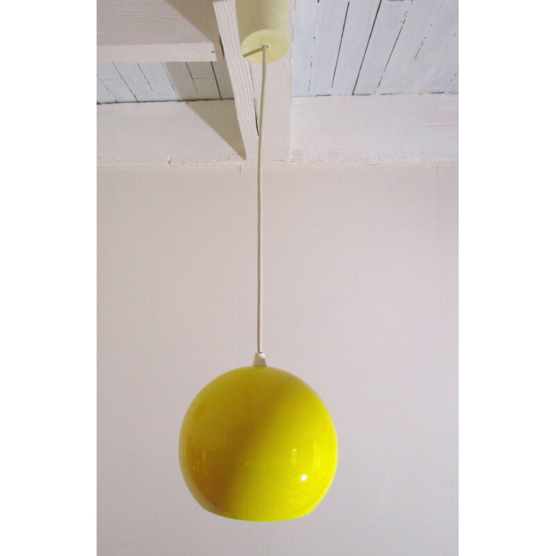 Vintage ball yellow enamelled metal hanging lamp 1970