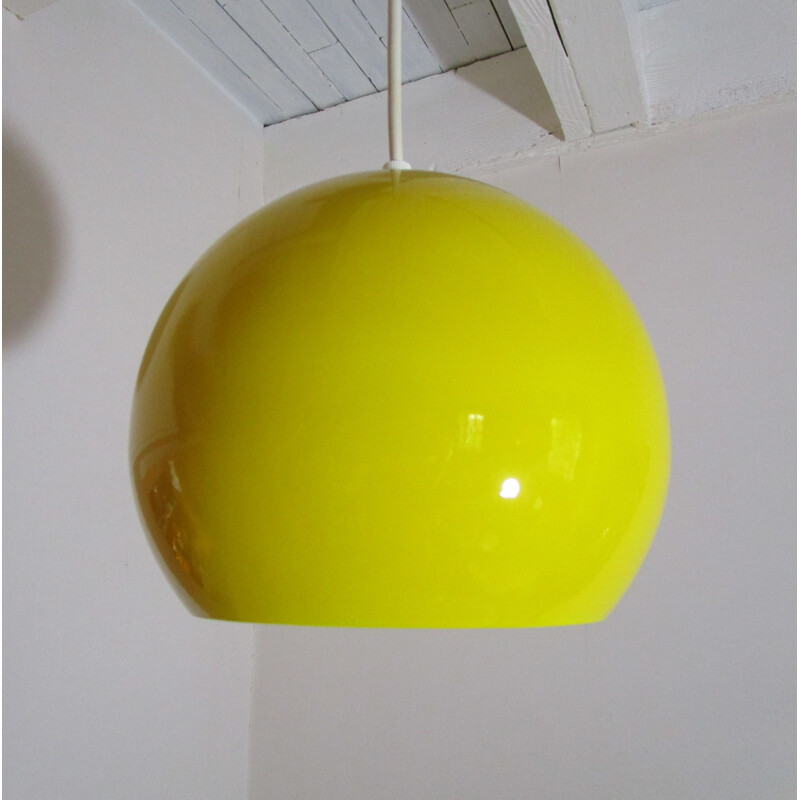 Vintage ball yellow enamelled metal hanging lamp 1970