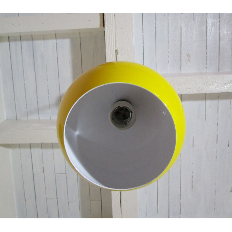 Vintage ball yellow enamelled metal hanging lamp 1970