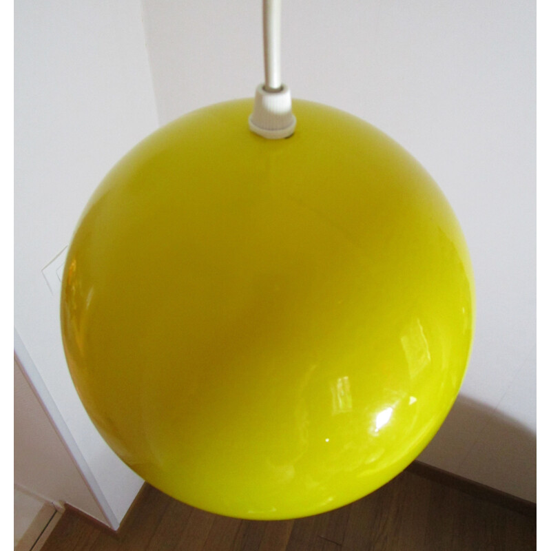 Vintage ball yellow enamelled metal hanging lamp 1970