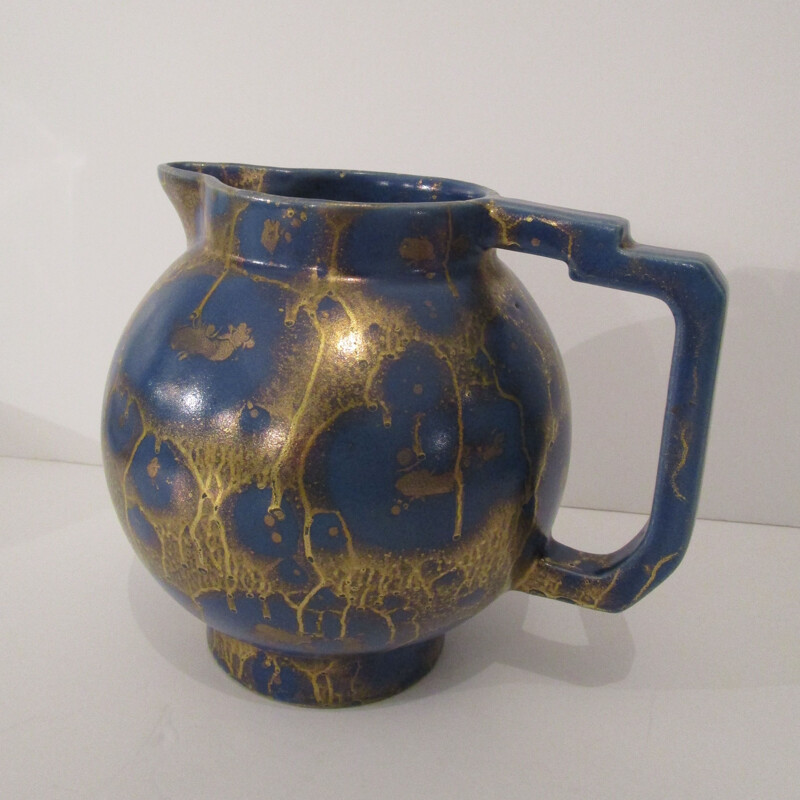 French vintage pitcher in blue ceramic 1930