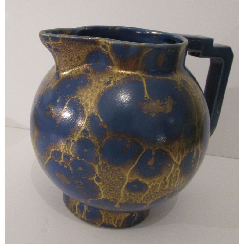 French vintage pitcher in blue ceramic 1930