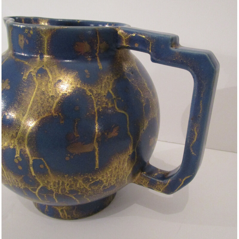 French vintage pitcher in blue ceramic 1930