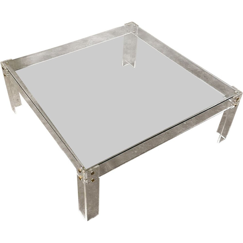 Vintage large coffee table in acrylic glass and brass