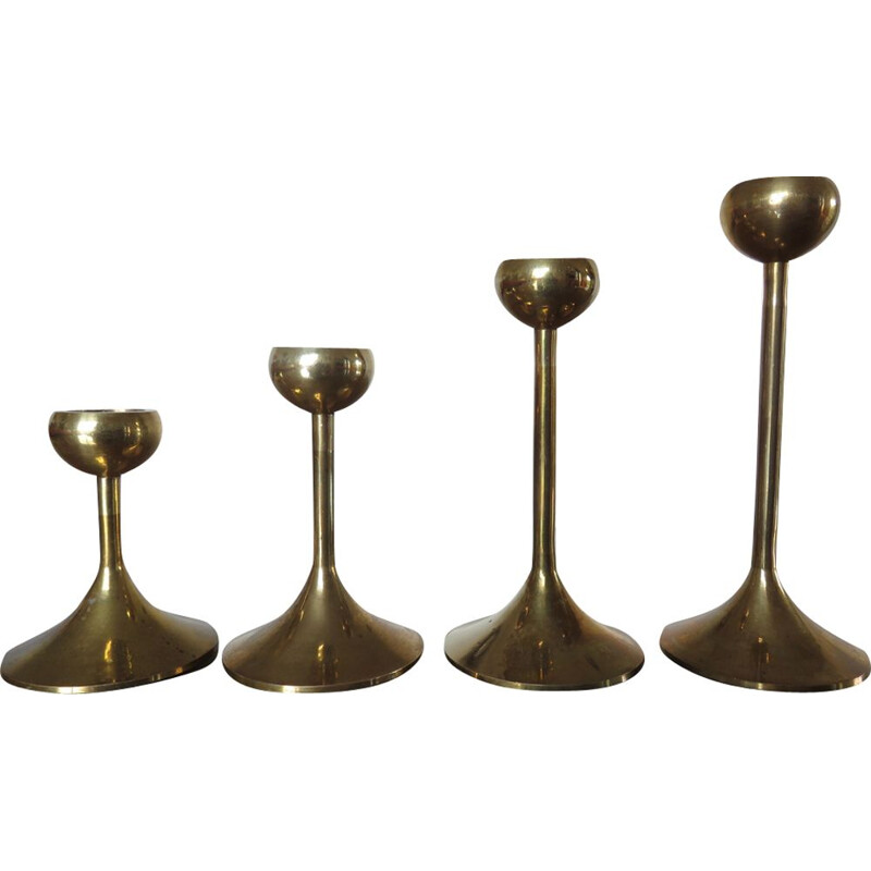 Suite of 4 vintage scandinavian candlesticks in brass 1970