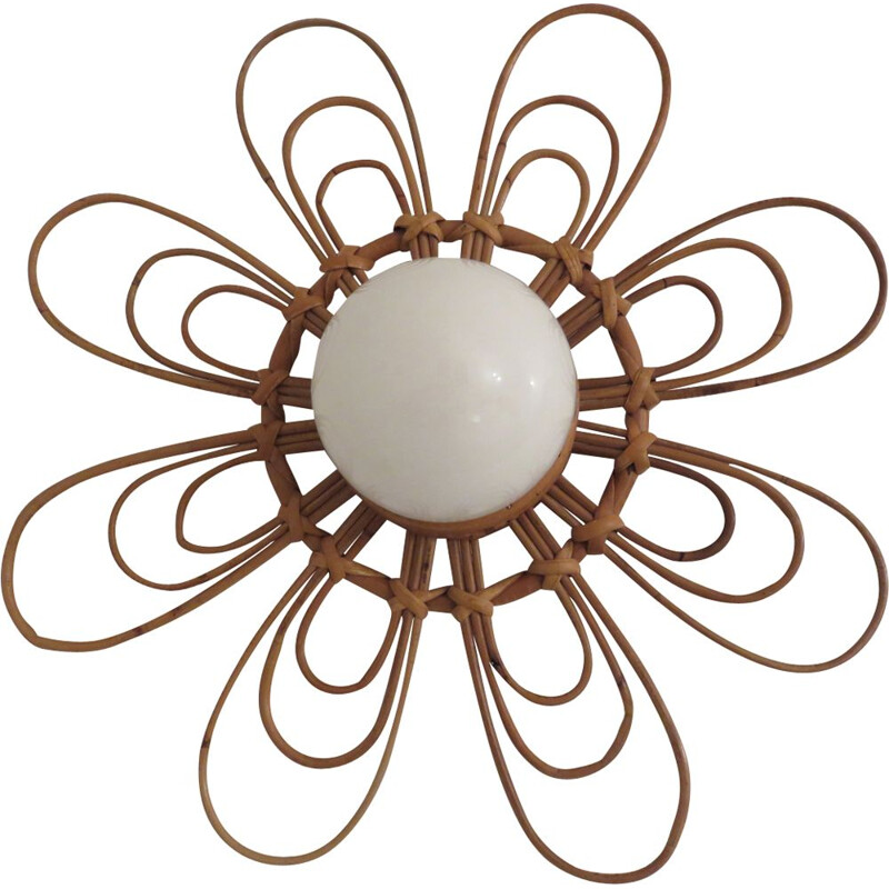 Vintage rattan and white opaline flower wall lamp 1960