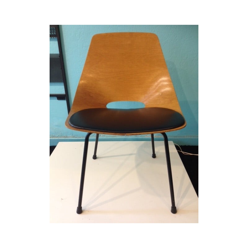 Tonneau chair in ashwood, black leatherette and metal, Pierre GUARICHE - 1950s