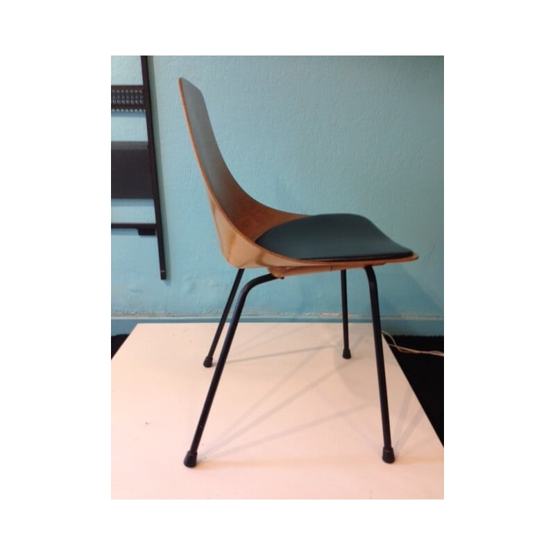 Tonneau chair in ashwood, black leatherette and metal, Pierre GUARICHE - 1950s