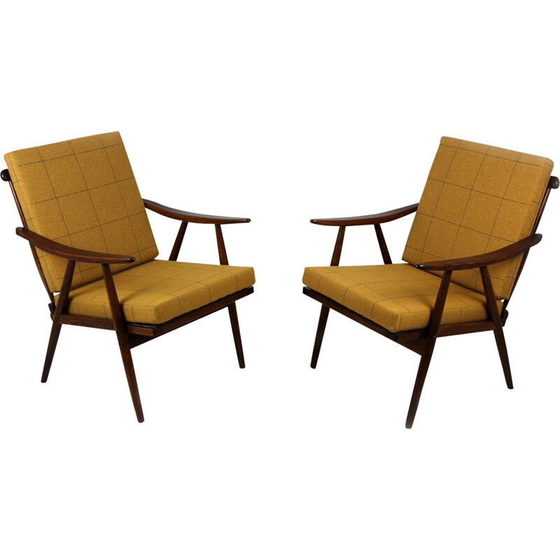 Ensemble de 2 fauteuils vintage Boomerang par TON en tissu et bois 1970