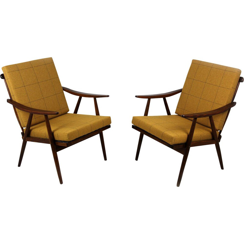 Set of 2 vintage Boomerang armchairs by TON in fabric and wood 1970