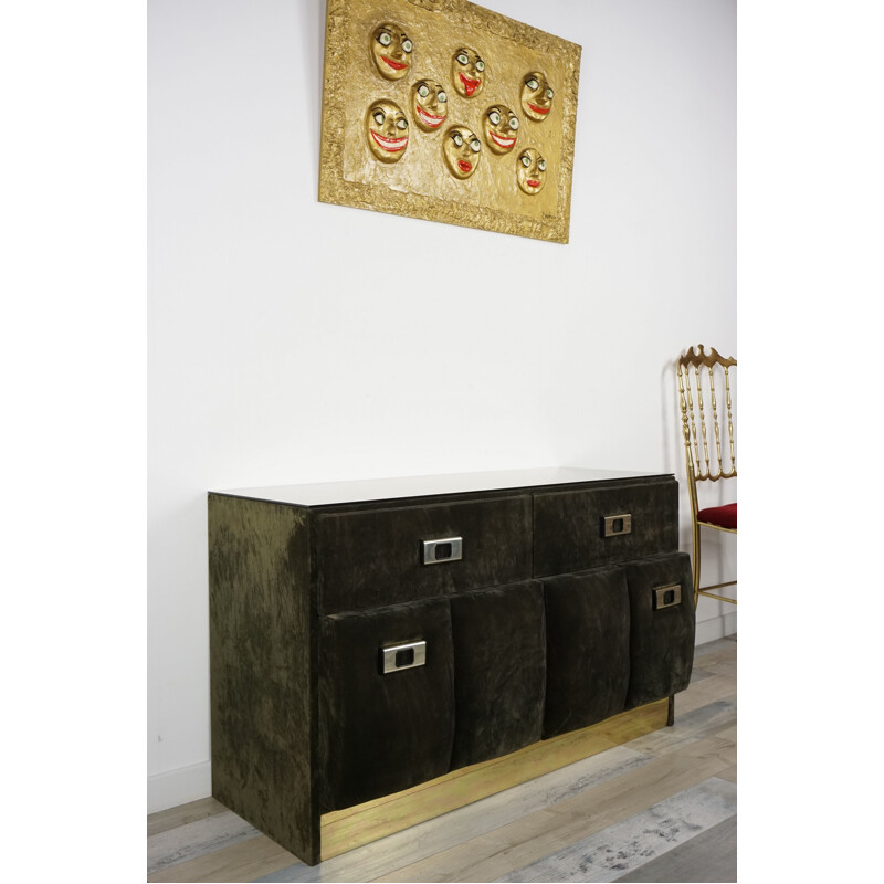 Vintage Italian chest of drawers in velvet and brass