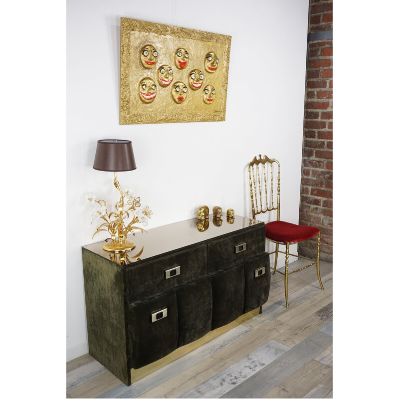 Vintage Italian chest of drawers in velvet and brass