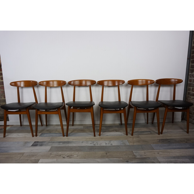 Set of 6 vintage Scandinavian chairs in teak and skai