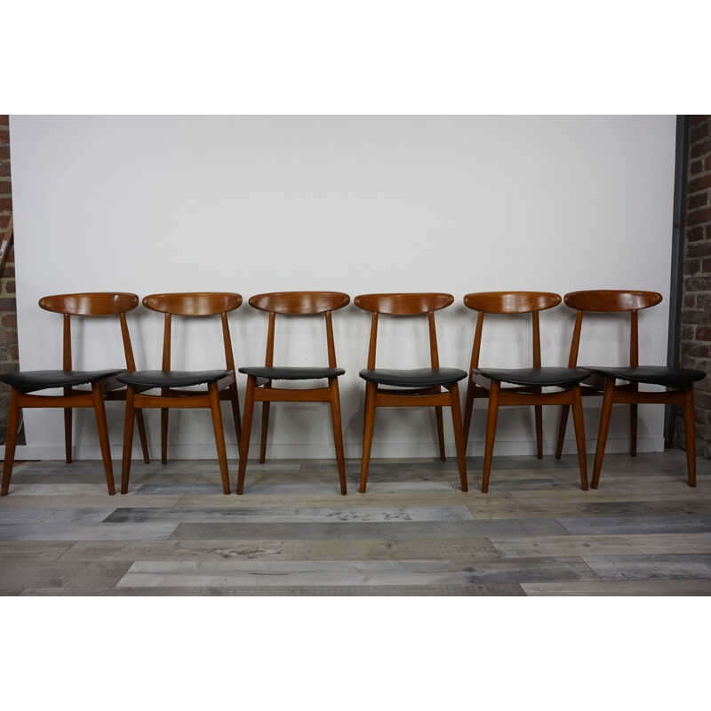 Set of 6 vintage Scandinavian chairs in teak and skai