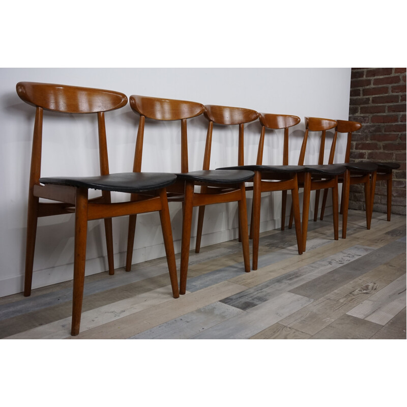 Set of 6 vintage Scandinavian chairs in teak and skai