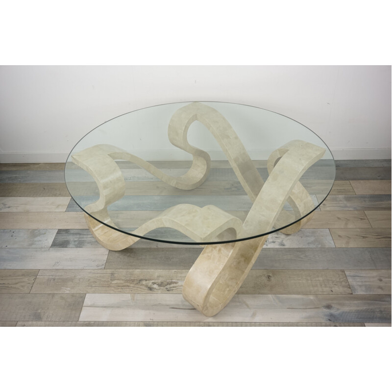 Table basse vintage "Ruban" en pierre et verre