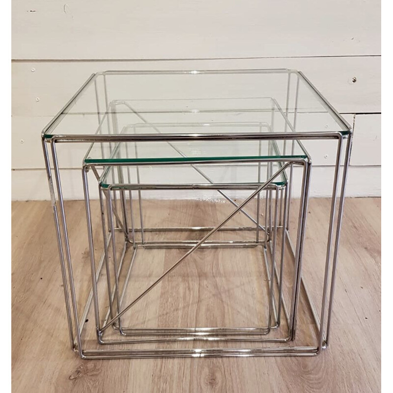 Tables gigogne vintage cubiques en verre et chrome par Max Sauze