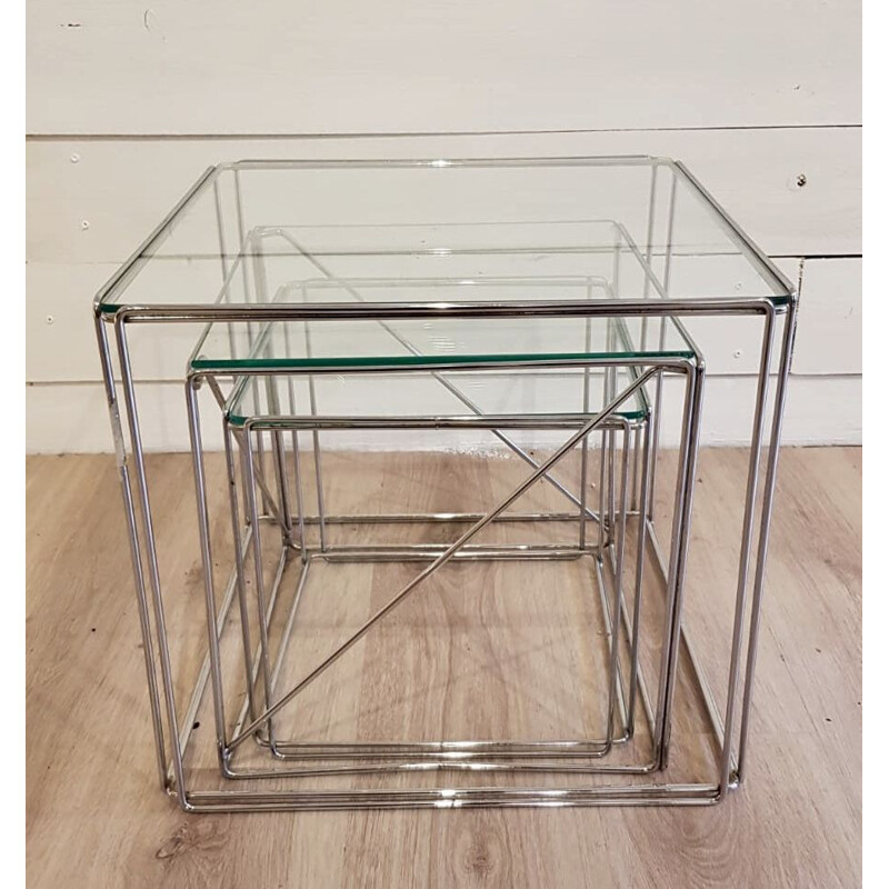 Vintage cubic nesting tables in glass and chrome by Max Sauze